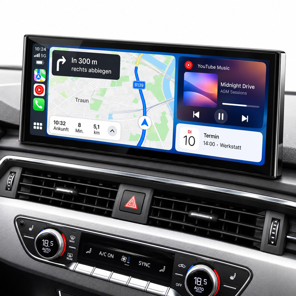 12,3 Zoll CarPlay Display Audi A4 B9 – Karten, Musik und Kalender mit Klimabedienteil