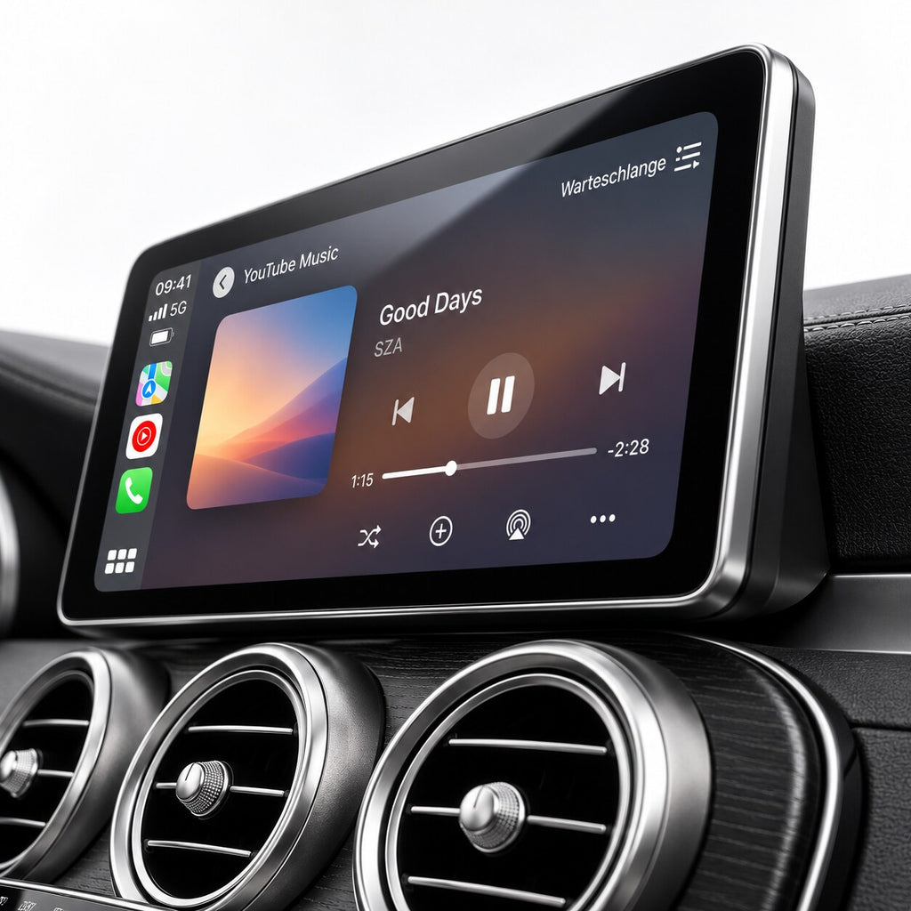 10,25 Zoll CarPlay Display Mercedes W205 – seitliche Ansicht, Musikwiedergabe