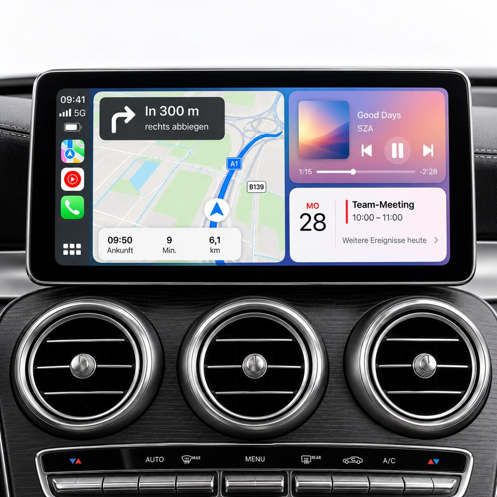 10,25 Zoll CarPlay Display Mercedes W205 – Karten, Musik und Kalender im Splitscreen