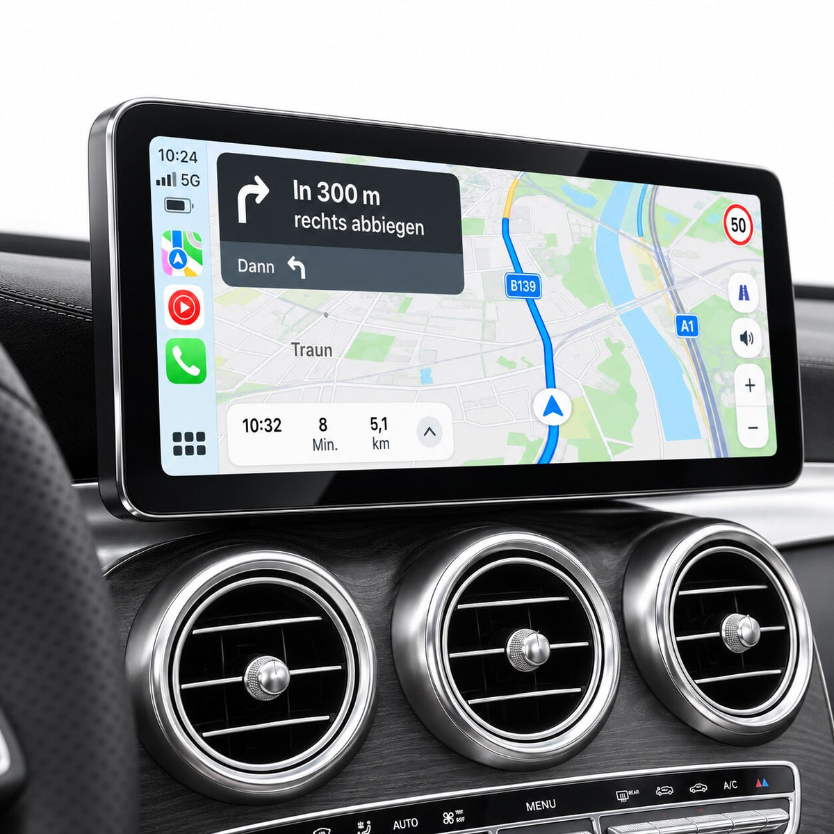 12,3 Zoll CarPlay Display Mercedes W205 mit Apple Karten Navigation