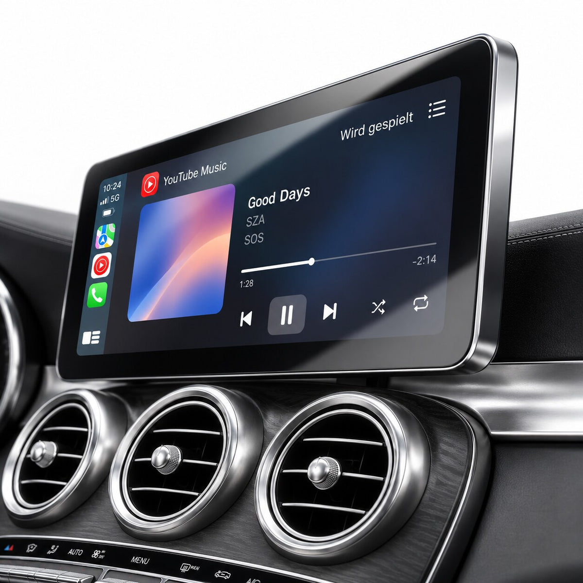 12,3 Zoll CarPlay Display Mercedes W205 – seitliche Ansicht, Musikwiedergabe