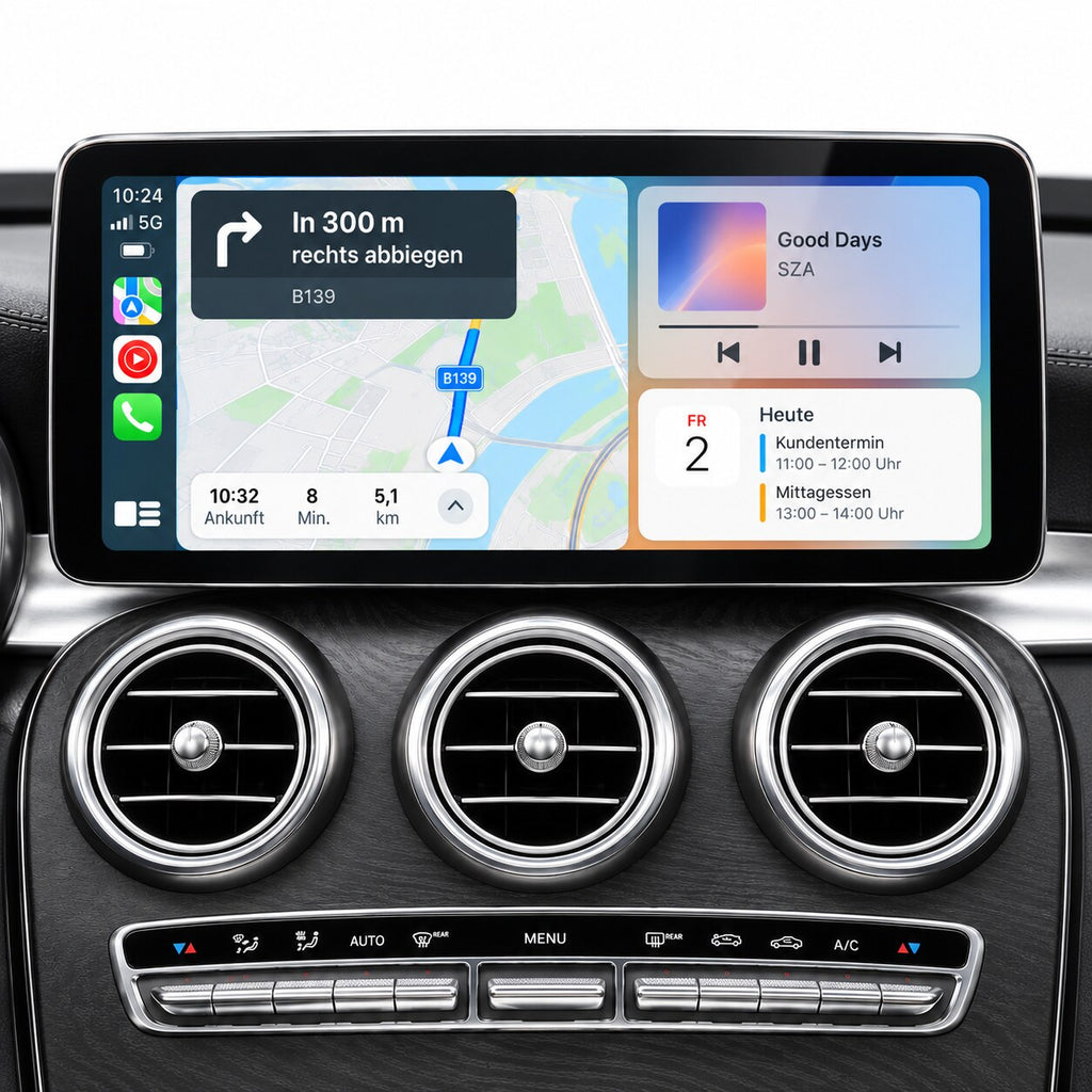 12,3 Zoll CarPlay Display Mercedes W205 – Karten, Musik und Kalender im Splitscreen