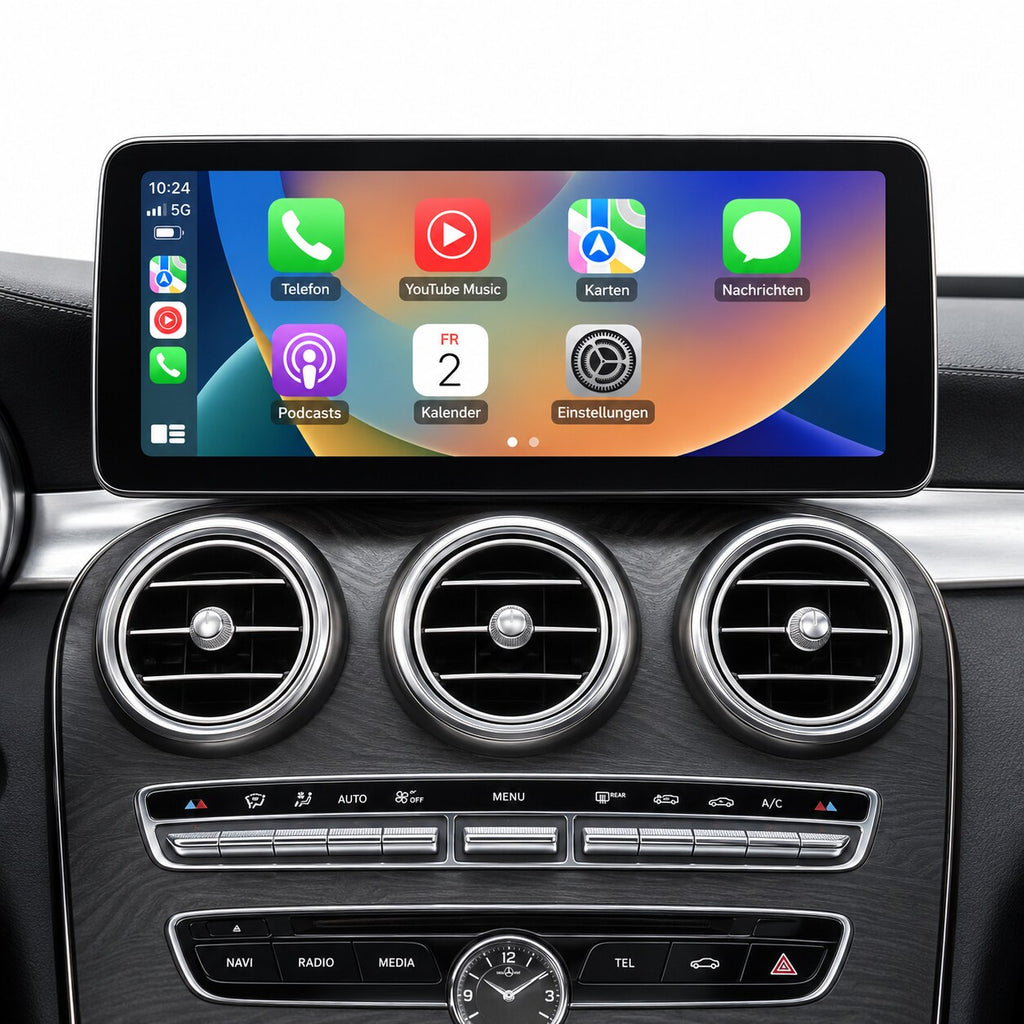 12,3 Zoll CarPlay Display Mercedes W205 – Gesamtansicht mit Mittelkonsole