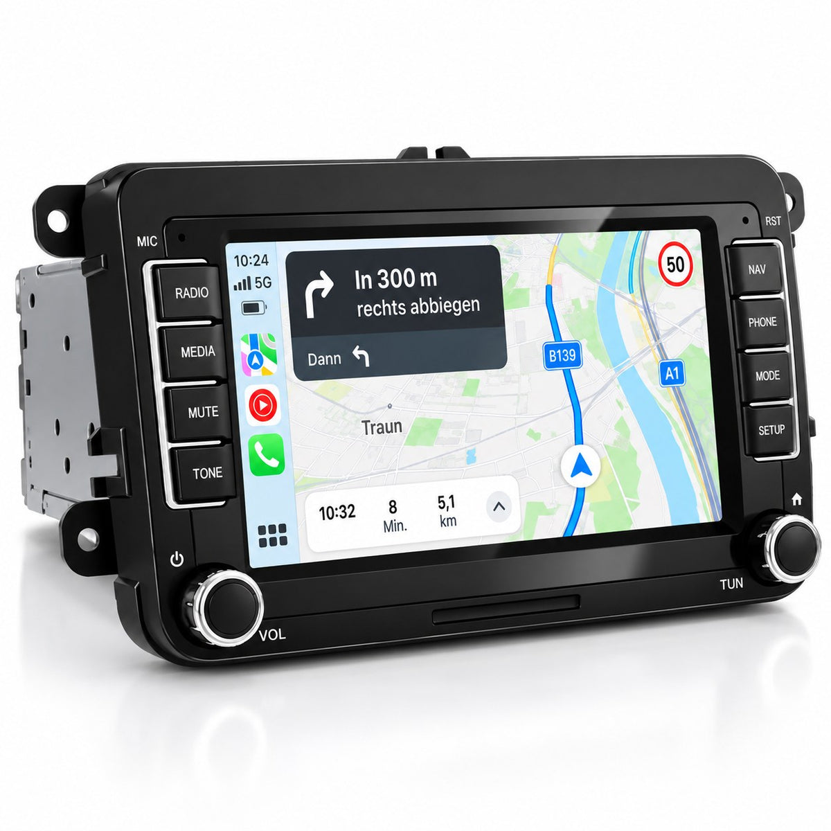 7 Zoll CarPlay Radio VW – seitliche Ansicht mit Apple Karten Navigation