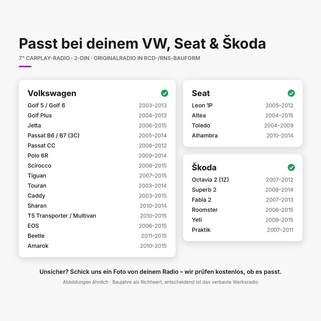 Kompatibilität: CarPlay Radio 7 Zoll passt bei VW, Seat und Škoda